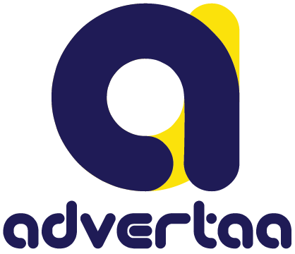 The Advertag brand logo, featuring a stylized, rounded, navy blue lowercase 'a' icon with a dynamic yellow upward-curving accent. The word 'advertag' is centered beneath the icon in a matching navy blue, modern, rounded custom typeface.
